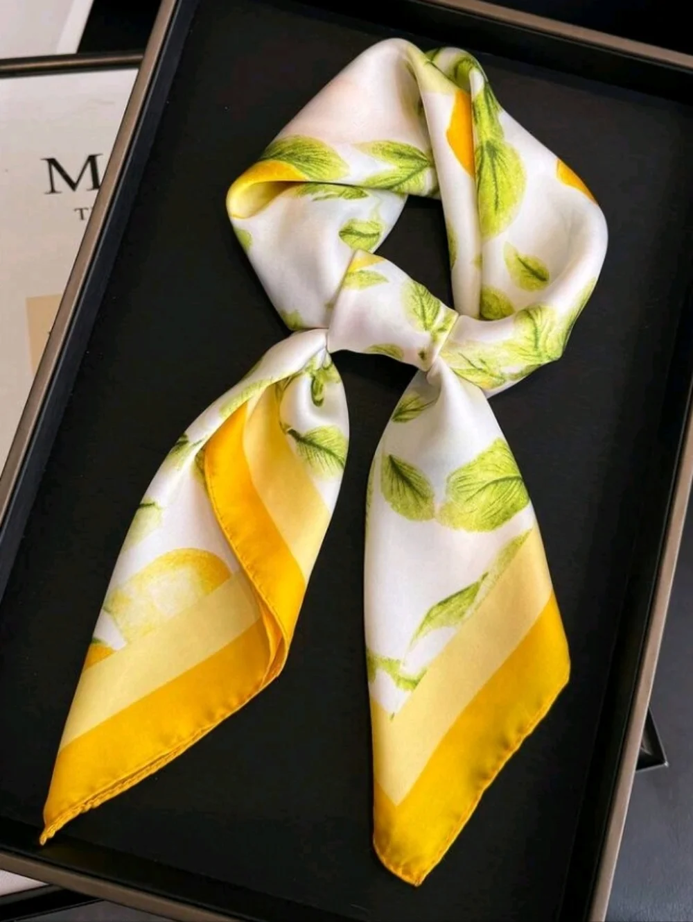Yellow Lemons Print Satin Scarf Summer Elegant Fun Scarf